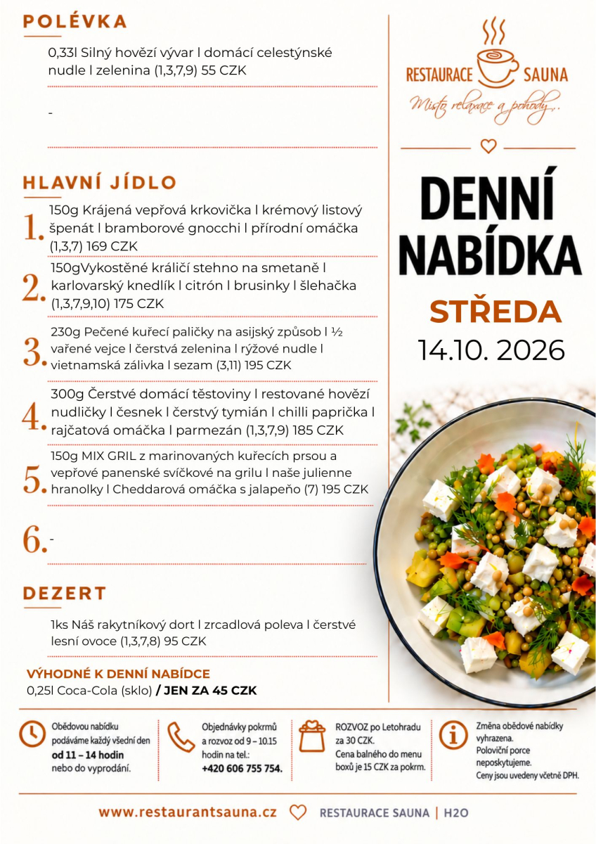 Aktuální obědová nabídka Restaurace Sauna